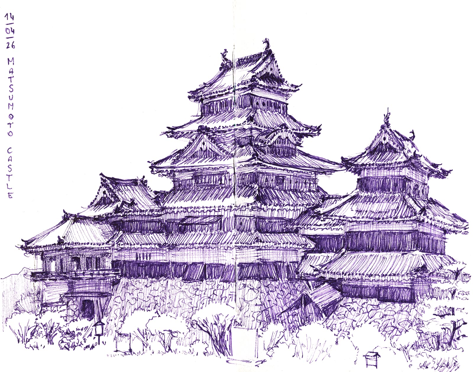 Een tekening van Matsumoto Castle, gemaakt tijdens mijn reis naar Japan. Blijkbaar is dit een van de vijf originele kastelen over heel het land. Alle andere zijn minstens een keer heropgebouwd.