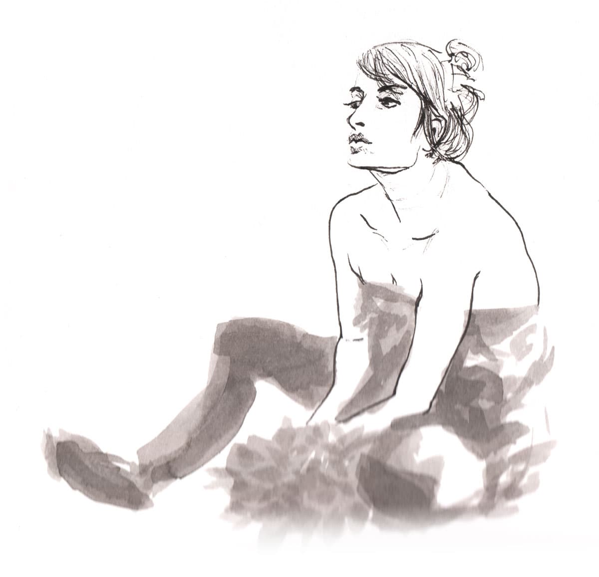 In deze tekening vond ik het contrast tussen de fijn gedefineerde lijnen van de stift en de wazige stukken met penseel leuk